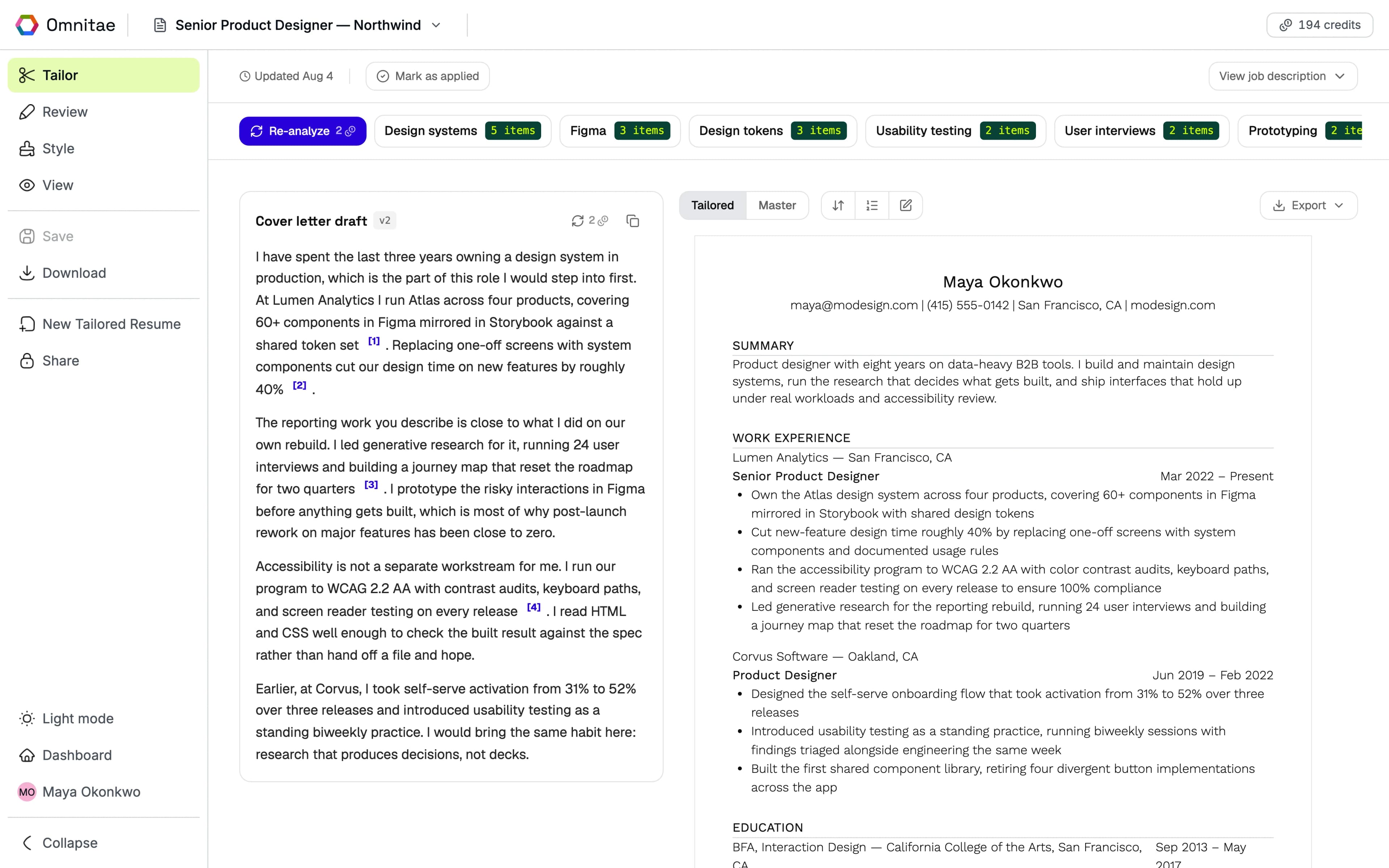 The Omnitae tailoring workspace: a cover letter draft beside the tailored resume, with keyword coverage from the job description across the top.